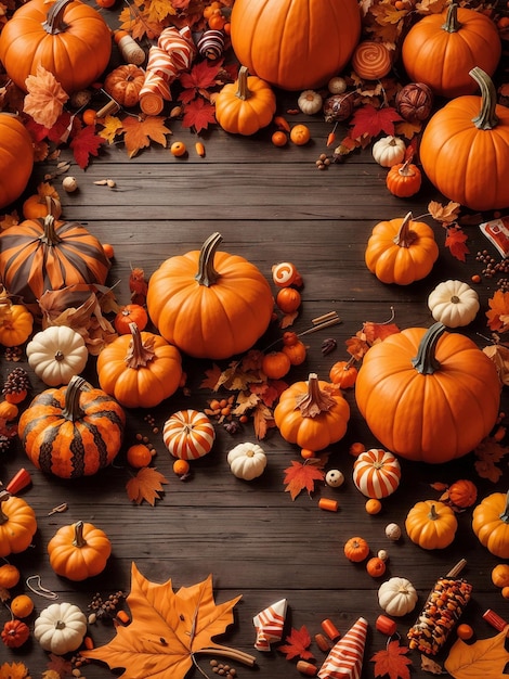 Enchanting Autumn Decor Pumpkin Leaves and Candies on Wooden Table Background