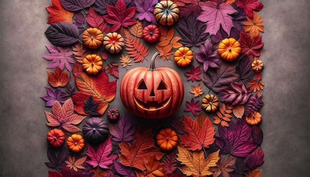 Enchanting autumn festivities carved pumpkin amidst vibrant fall leaves