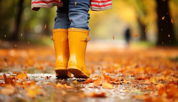 Photo enchanting autumn scene with vibrant leaves and stylish rain boots amidst a gentle rainfall