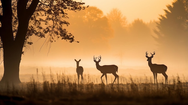 Enchanting Autumn Tranquility A Serene Family of Deer Amidst Grazing in a Misty Meadow