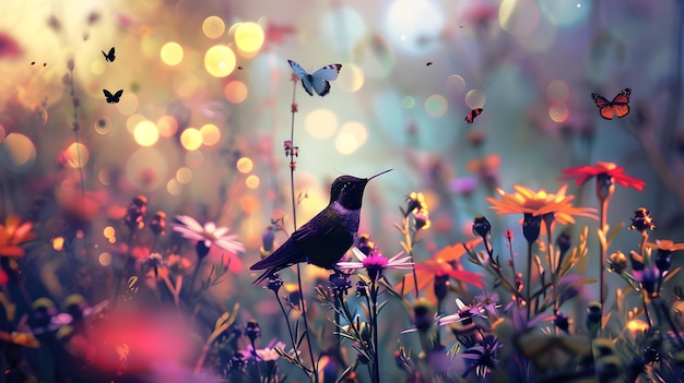 enchanting avian amidst vibrant wildflower meadow with fluttering butterflies