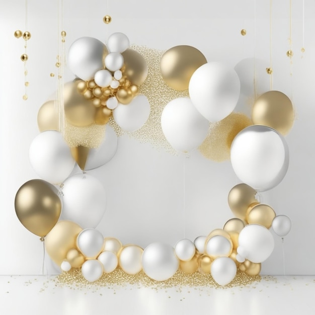 Photo enchanting backdrop with gold and silver balloons floating gently on a white background