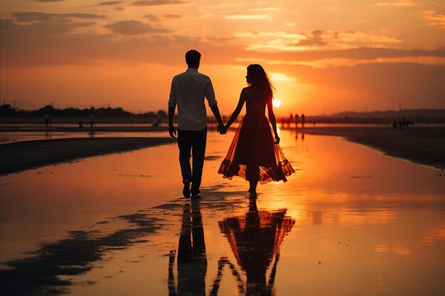 Enchanting beach getaway romantic couple leisurely walking hand in hand amidst the tranquil waves