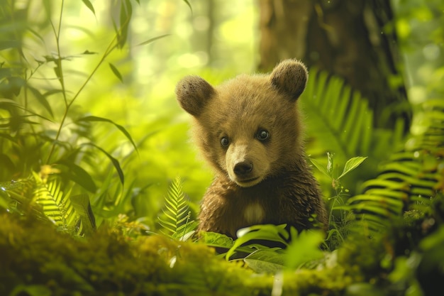 Foto incantevole cucciolo d'orso nella foresta illuminata dal sole