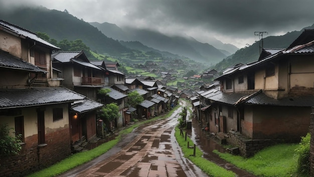 雨季 の 村 の 丘 の 魅力 的 な 美