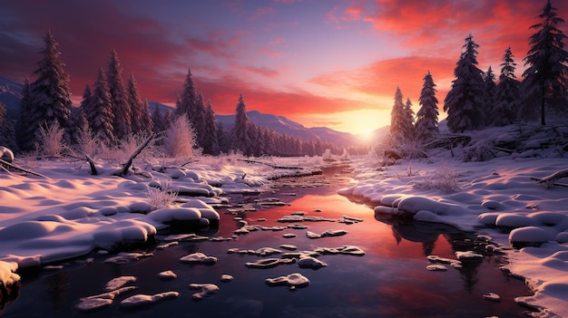 Очаровательная красота зимнего заката, где яркие цвета рисуют небо на фоне безмятежного снежного пейзажа, сопоставление огненных оттенков на холодном белом фоне.
