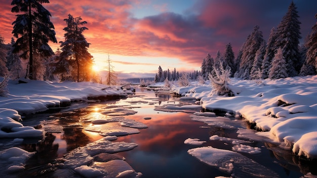 the enchanting beauty of a winter sunset where brilliant colors paint the sky against a serene snowy landscape The juxtaposition of the fiery hues against the cold white backdrop