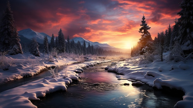 the enchanting beauty of a winter sunset where brilliant colors paint the sky against a serene snowy landscape The juxtaposition of the fiery hues against the cold white backdrop