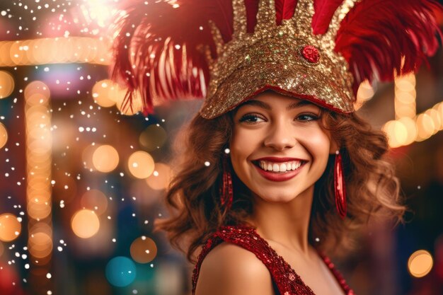 Foto l'incantevole bellezza di una donna vestita con un costume di capodanno vivace e colorato su uno sfondo vibrante in un ambiente da studio ai generativa