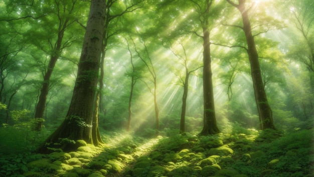 Enchanting Beech Canopy Sunlit Forest View with Towering Trees and Nature's Serenity