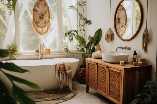 Enchanting Boho Oasis A Serene Bathroom with Macrame Plant Hangers and a Stunning Rattan Mirror Premium AI generated image