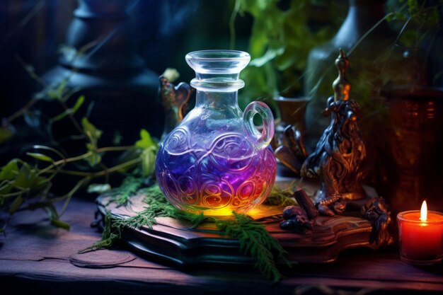 Enchanting brew of vibrant sorcery on wooden table Generative AI