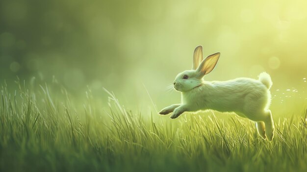 푸른 숲 속 에 날아다니는 매혹적 인 토끼