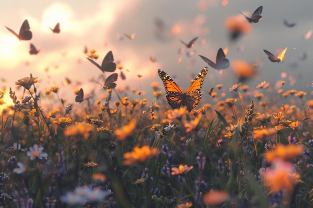 Photo enchanting butterfly migrations through flower fie