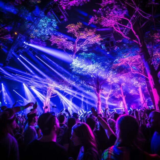 Enchanting Capture Unveiling the Lively UV Black Light Lit Forest Dancing Crowd