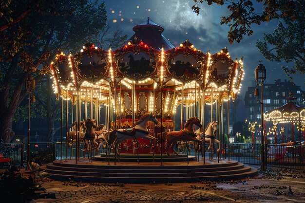 Enchanting carousel with ornate horses in a moonli