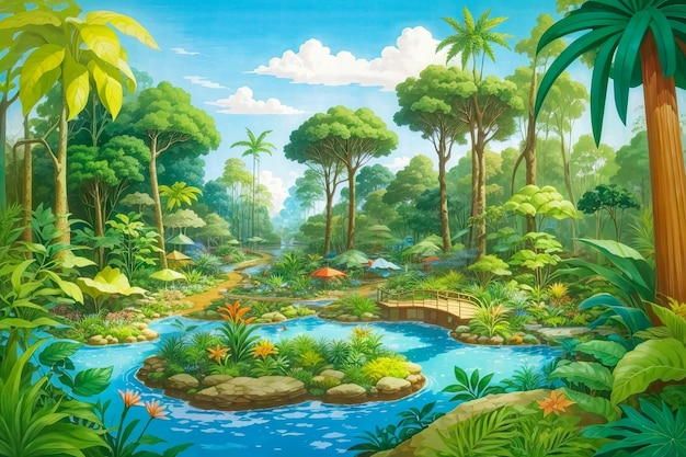 Enchanting Cartoon Jungle Wild Nature Adventure Botanic Garden in Green Fantasy Forest