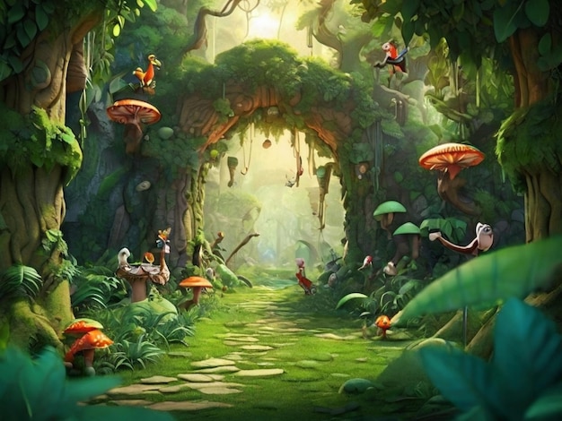 魅力的なアニメのジャングル 緑のファンタジー・フォレストの 野生の自然冒険
