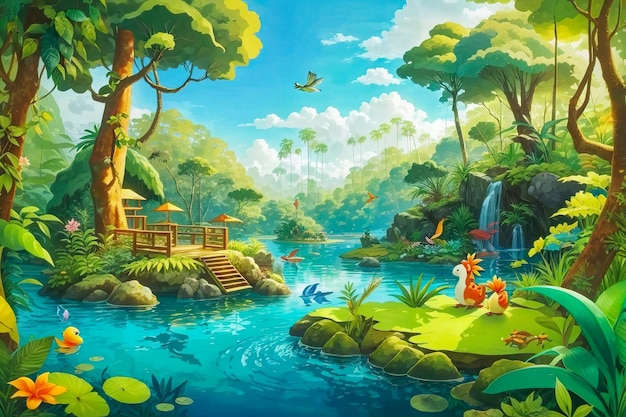 Enchanting Cartoon Jungle Wild Nature Adventure in Green Fantasy Forest