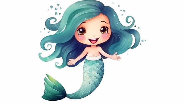 Enchanting Cartoon Watercolor Mermaid Whimsical Underwater Artwork for Kids Nursery Decor