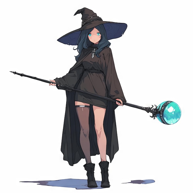 Photo enchanting cartoon wizard girl with staff generative ai