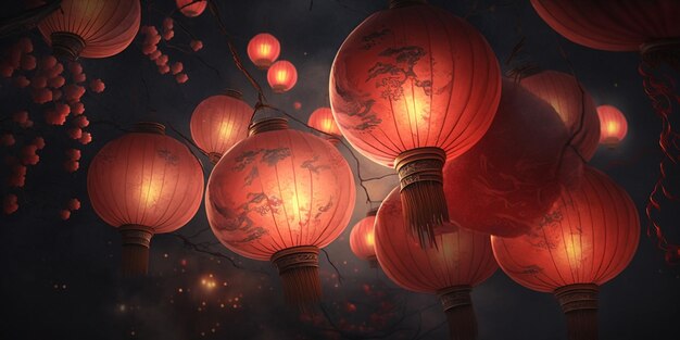밤을 밝히는 붉은 등불과 함께 매혹적인 중국 신년 축하 행사