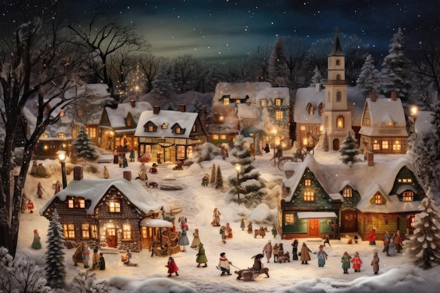 Enchanting Christmas night in a snowy village Houses lit up children playing Santa Claus