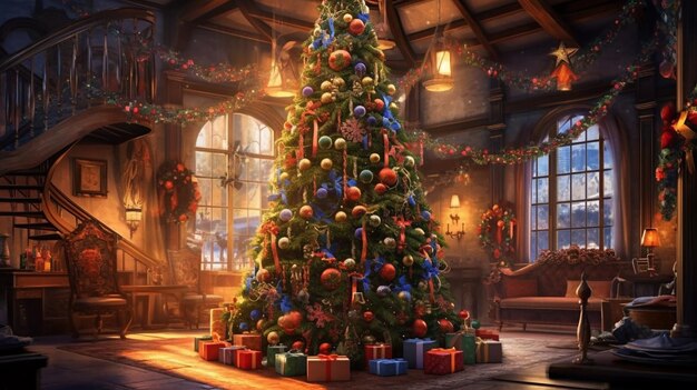 Enchanting Christmas Tree with Ornaments and Festive Atmosphere