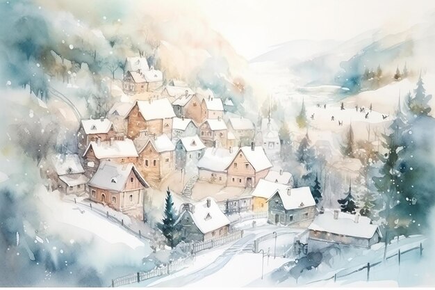 Enchanting Christmas Villa Delicate Winter Watercolor Painting