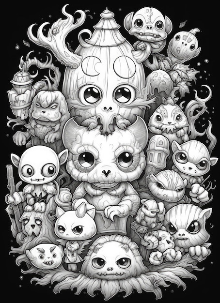 An enchanting cover design for the Horror Cuties Coloring Book with cute and cuddly versions of classic horror characters