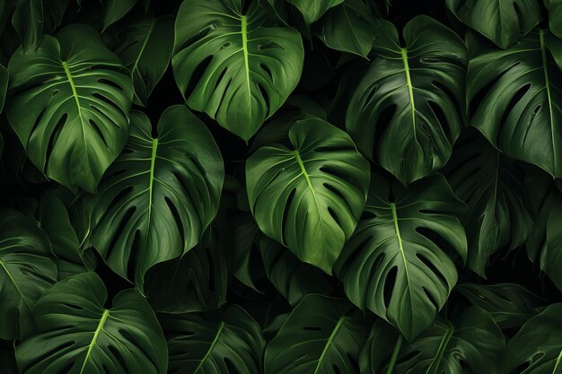 Photo enchanting darktoned top view of green monstera leaves a mesmerizing texture for background