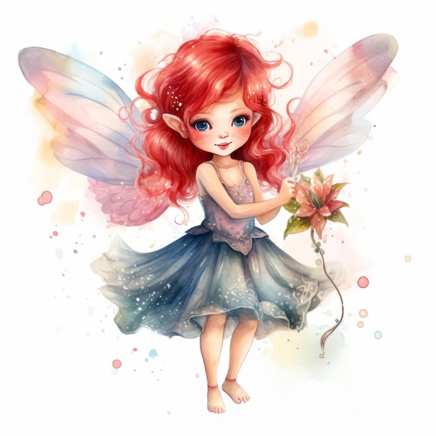写真 魅力的な喜び 赤い ⁇ の可愛い魔法の妖精を描いた 奇妙な水彩画