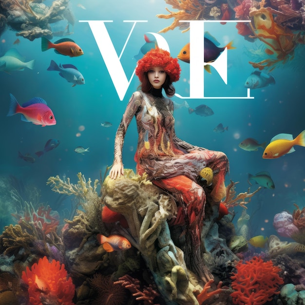 Photo enchanting depths the vogue cover featuring a fashionable mermaid amid vibrant coral reefs and exqu