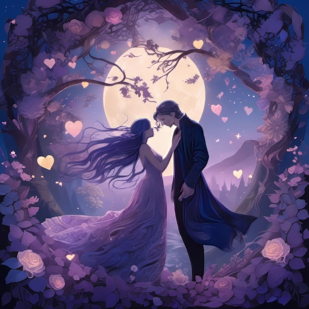 Enchanting digital art capturing love in moonlit detail