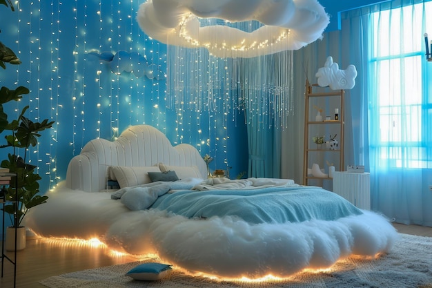 雲の形をしたベッドと LED 照明の魅力的なドリーミングベッドルーム 奇妙な家庭装飾コンセプト