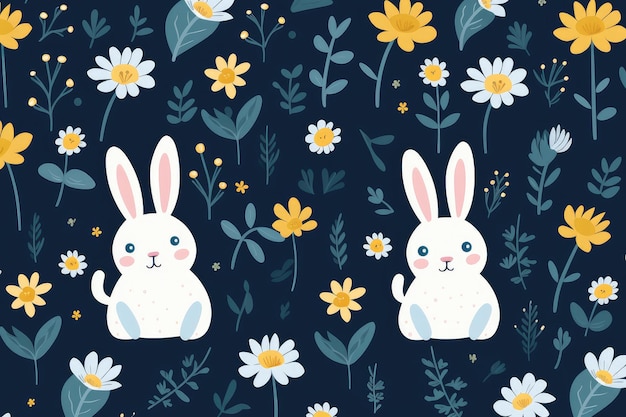 Enchanting Easter Bunny and Egg Pattern with Spring Florals on Dark Generative AI