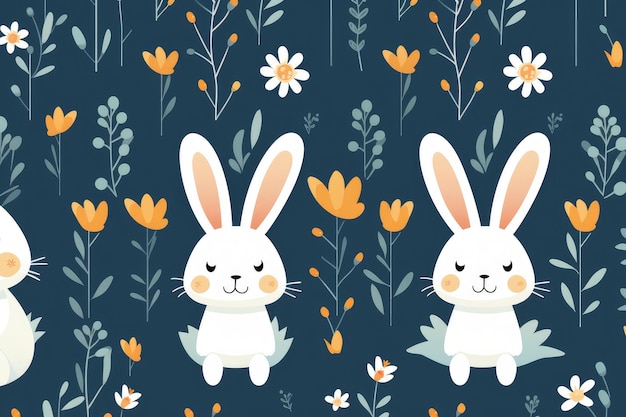 Очаровательный пасхальный кролик и яичный рисунок с весенними цветами на темном генеративном ИИ