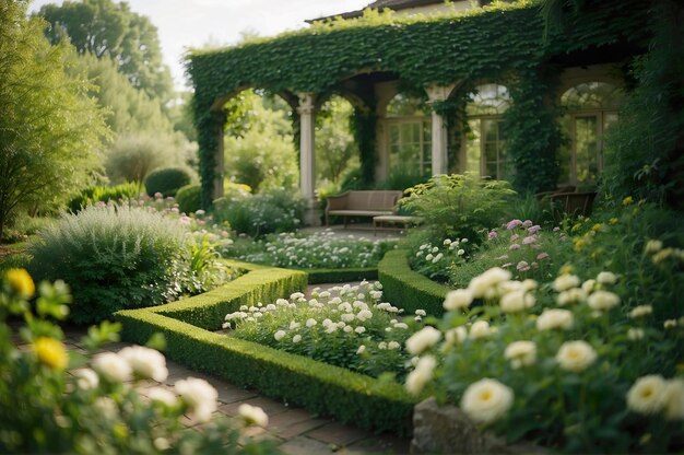 Foto l'eden incantevole un santuario vibrante pieno di fogliame verdeggiante fiori bianchi sereni e sussurri