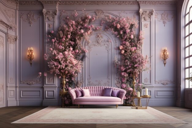 Photo enchanting elegance captivating the beauty of a panelled room adorned in shades of pink and lavende