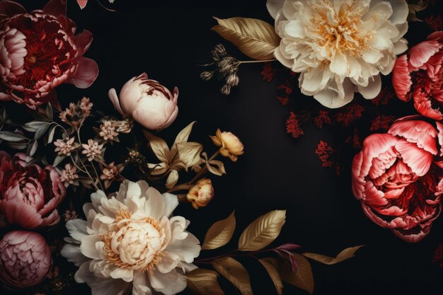 Photo enchanting elegance captivating peonies and vibrant blooms in a dark vintage floral card design