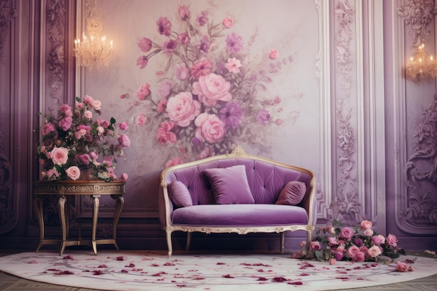 Enchanting Elegance A Floral Haven in Shades of Purples Handpainted Panelled Room Exuding Gorgeou