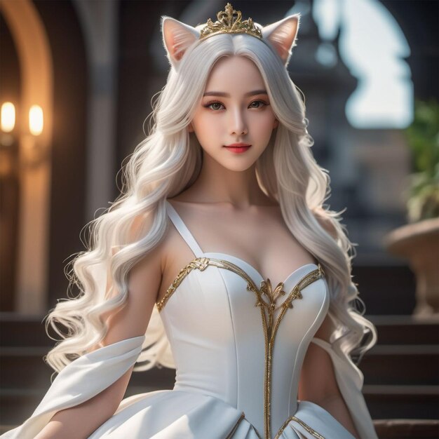 Photo the enchanting elegance a fusion of asian beauty with cat and fox charm in yellow and white attire