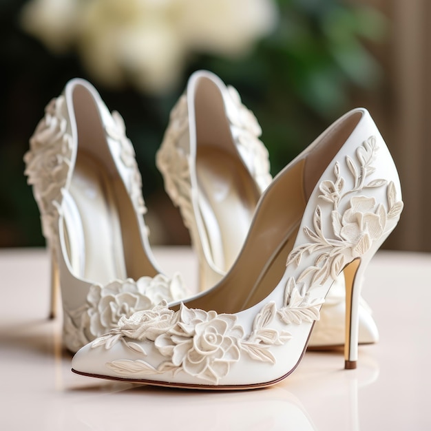 Enchanting Elegance Luxurious White Bridal Short Heel Shoes Amidst a Stunning Backdrop
