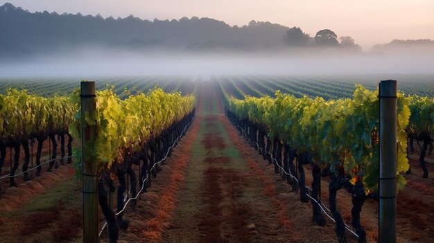 Enchanting Elegance Unveiling a FogClad Vineyard adorned with Luxurious Grapevines ar 169