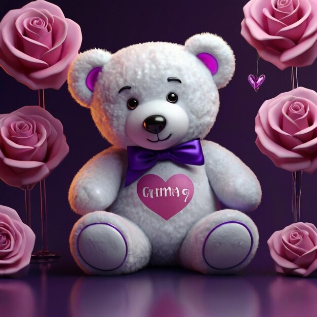 Photo enchanting elegance a whimsical journey through 3d rendered dreams white teddy bear pink hearts