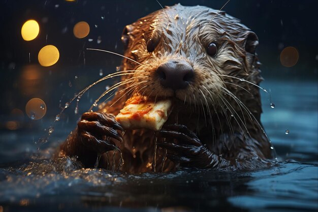 Enchanting Encounter Capturing a RainDrenched European Otter Relishing a Fishy Delight in the Nigh