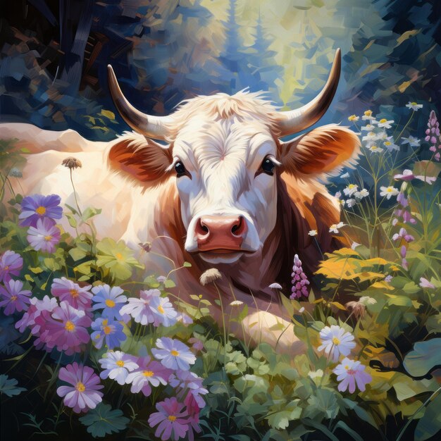 The Enchanting Encounter A Cow Finds Serenity Amongst Wildflowers in the Forest