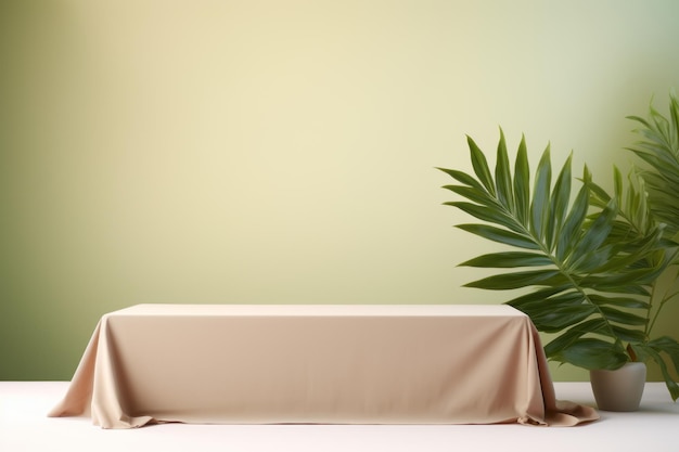 Очаровательная ткань на столе и макет листьев деревьев преобразуют вашу коммерческую рекламу с помощью AIGene