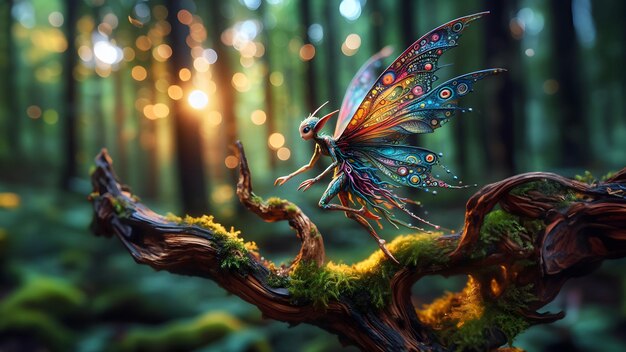 Очаровательная фея на конусной ветви Макро снимок