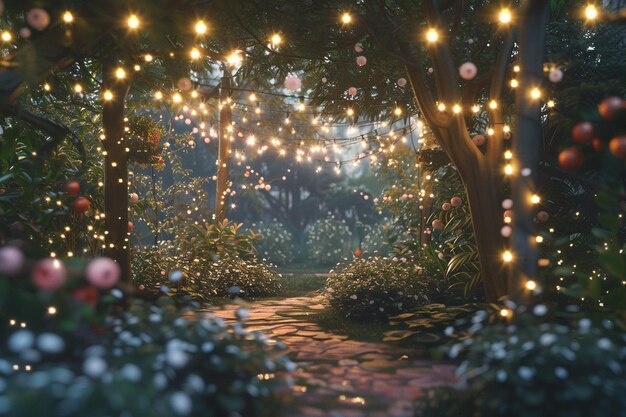 Photo enchanting fairy lights in a garden